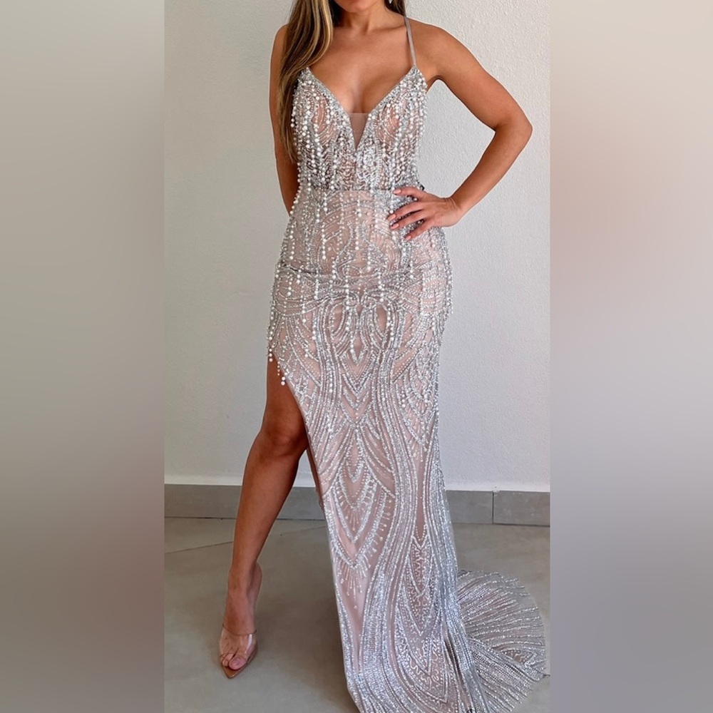 Elegant/Nude Pink Silver Beaded Gown